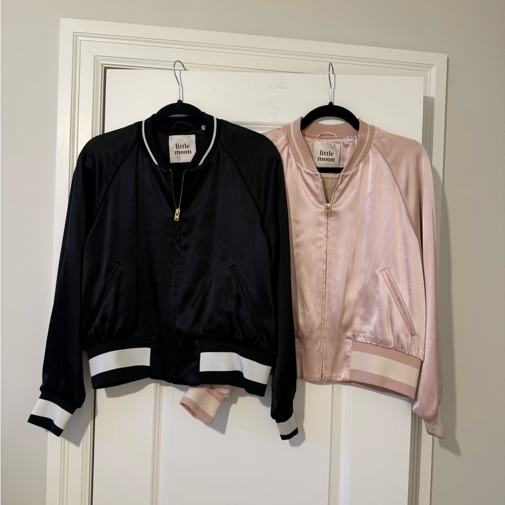 Little Moon Black and Pink Satin Bomber Jackets